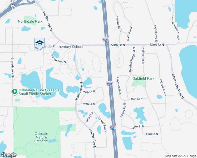 map of restaurants, bars, coffee shops, grocery stores, and more near 7136 47th Street Circle North in Oakdale