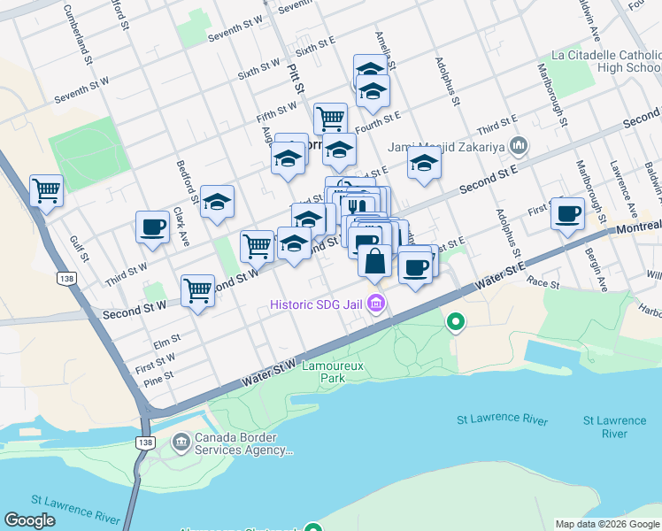map of restaurants, bars, coffee shops, grocery stores, and more near 127 Augustus Street in Cornwall
