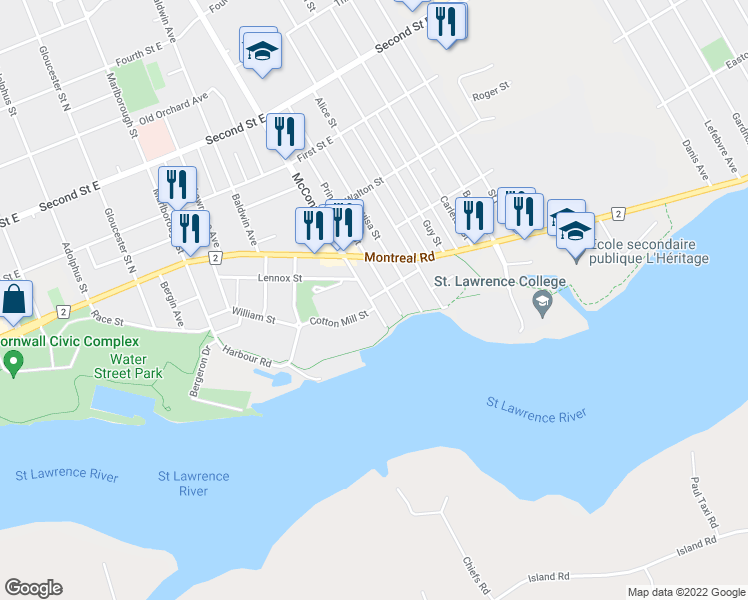 map of restaurants, bars, coffee shops, grocery stores, and more near 115 Prince Albert Street in Cornwall
