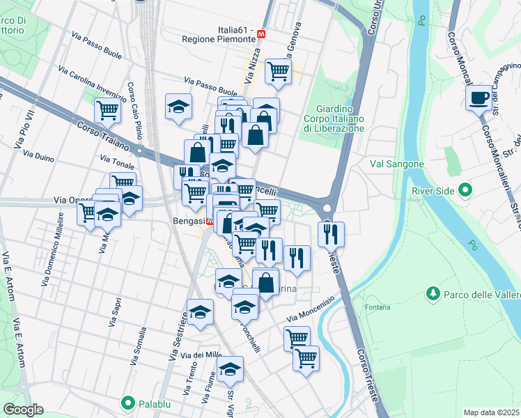 map of restaurants, bars, coffee shops, grocery stores, and more near 42 Via Puccini in Moncalieri