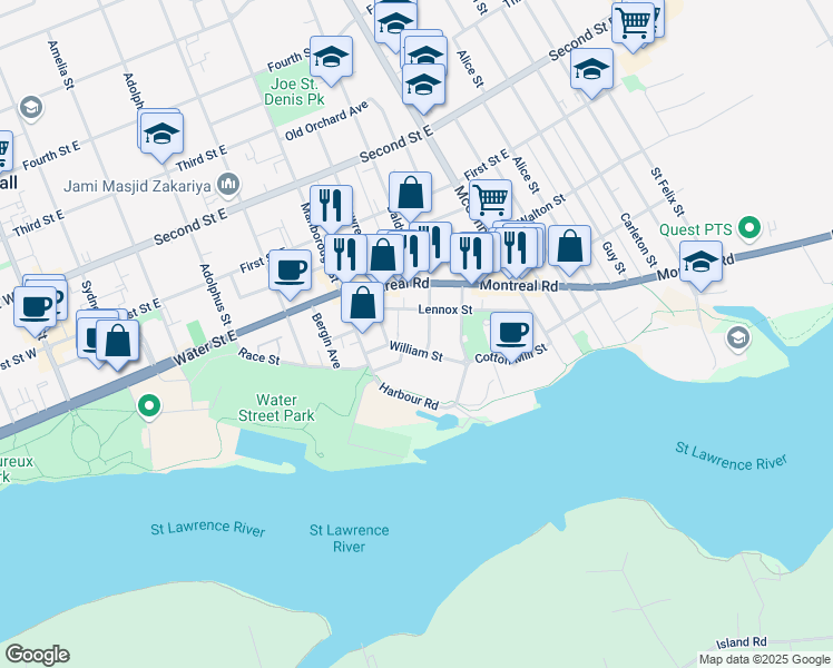 map of restaurants, bars, coffee shops, grocery stores, and more near 29 Arthur Street in Cornwall