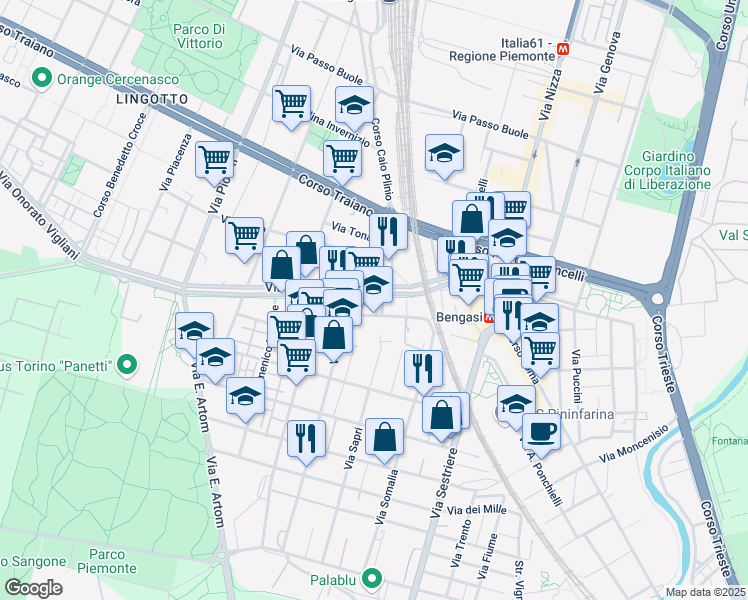 map of restaurants, bars, coffee shops, grocery stores, and more near 12 Via Torrazza Piemonte in Torino
