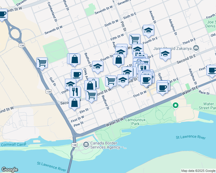 map of restaurants, bars, coffee shops, grocery stores, and more near 213 Second Street West in Cornwall