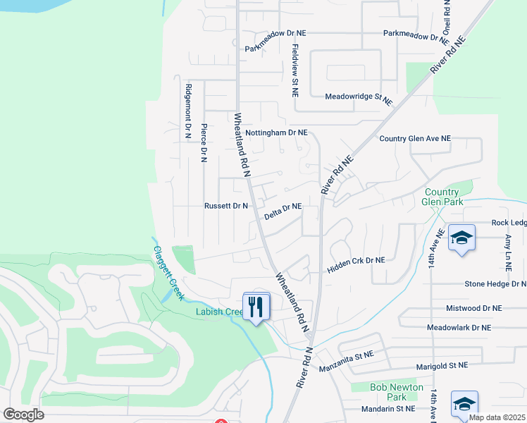 map of restaurants, bars, coffee shops, grocery stores, and more near 142-144 Delta Court North in Keizer