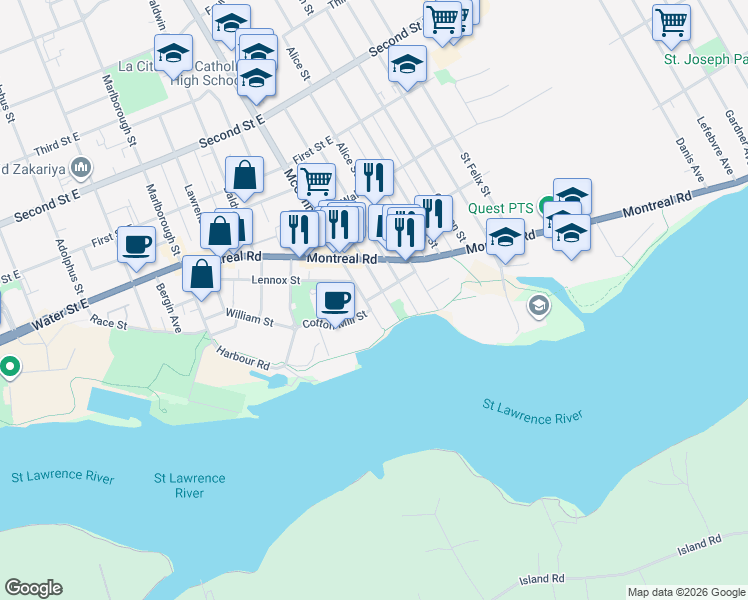 map of restaurants, bars, coffee shops, grocery stores, and more near 121 Prince Albert Street in Cornwall