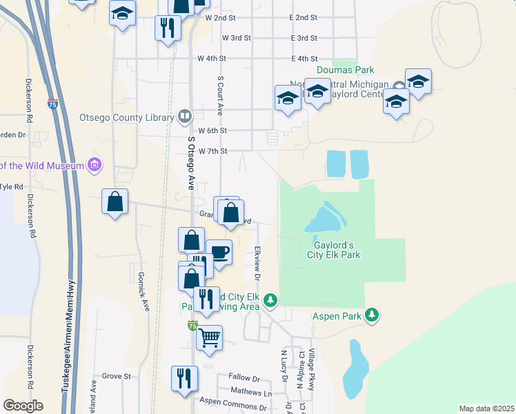 map of restaurants, bars, coffee shops, grocery stores, and more near 120 Grandview Boulevard in Gaylord