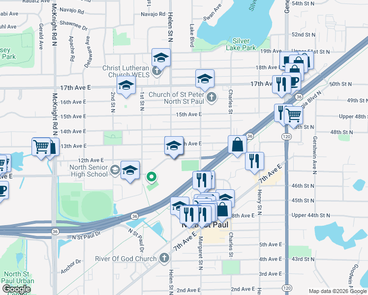 map of restaurants, bars, coffee shops, grocery stores, and more near 2521 12th Avenue East in North Saint Paul