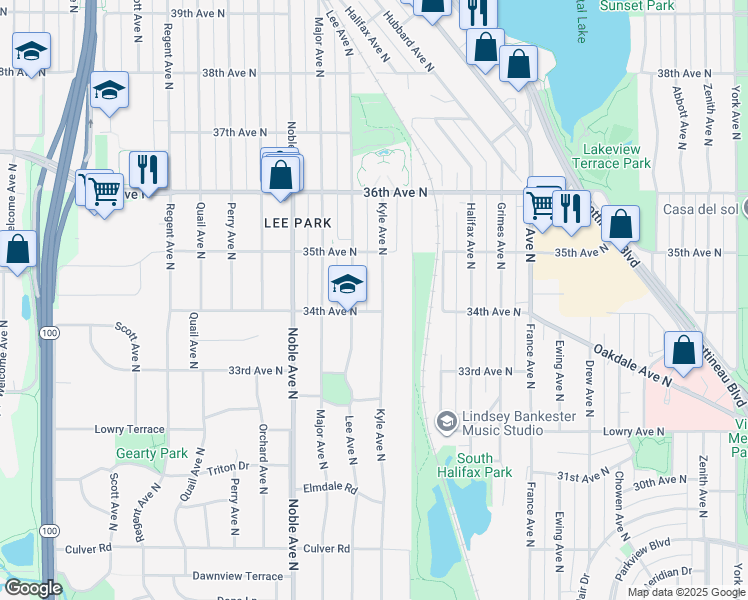 map of restaurants, bars, coffee shops, grocery stores, and more near 3436 Lee Avenue North in Minneapolis