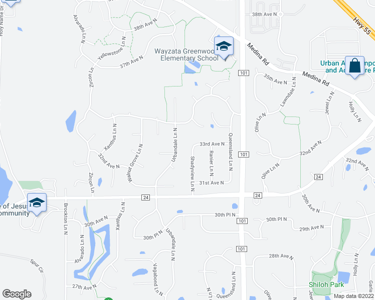 map of restaurants, bars, coffee shops, grocery stores, and more near 3245 Shadyview Lane North in Plymouth