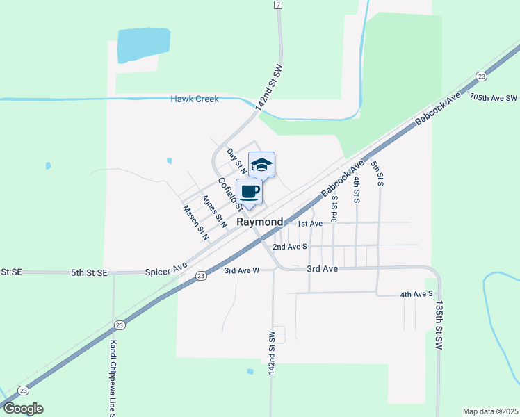 map of restaurants, bars, coffee shops, grocery stores, and more near 206 Spicer Avenue North in Raymond