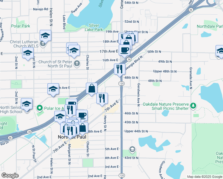 map of restaurants, bars, coffee shops, grocery stores, and more near 2700 Minnesota 36 in North Saint Paul