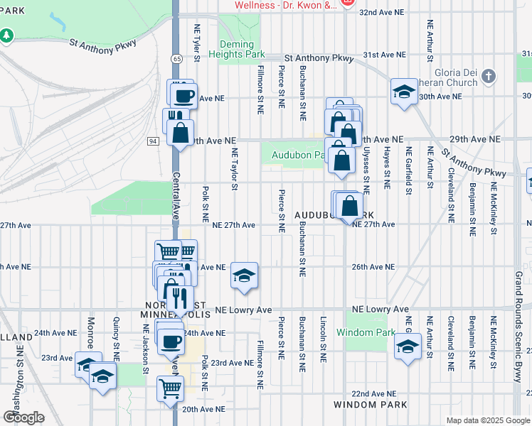 map of restaurants, bars, coffee shops, grocery stores, and more near 2738 Pierce Street Northeast in Minneapolis