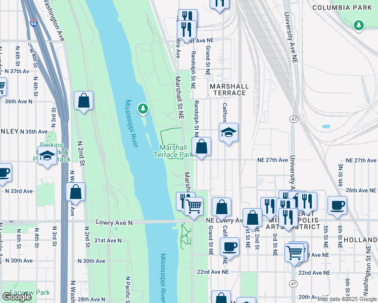 map of restaurants, bars, coffee shops, grocery stores, and more near 2742 Randolph Street Northeast in Minneapolis