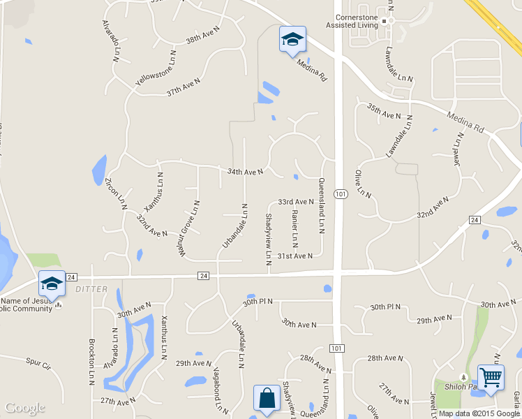 map of restaurants, bars, coffee shops, grocery stores, and more near 3245 Shadyview Lane North in Plymouth