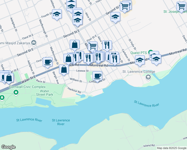 map of restaurants, bars, coffee shops, grocery stores, and more near 25 Duncan Street in Cornwall