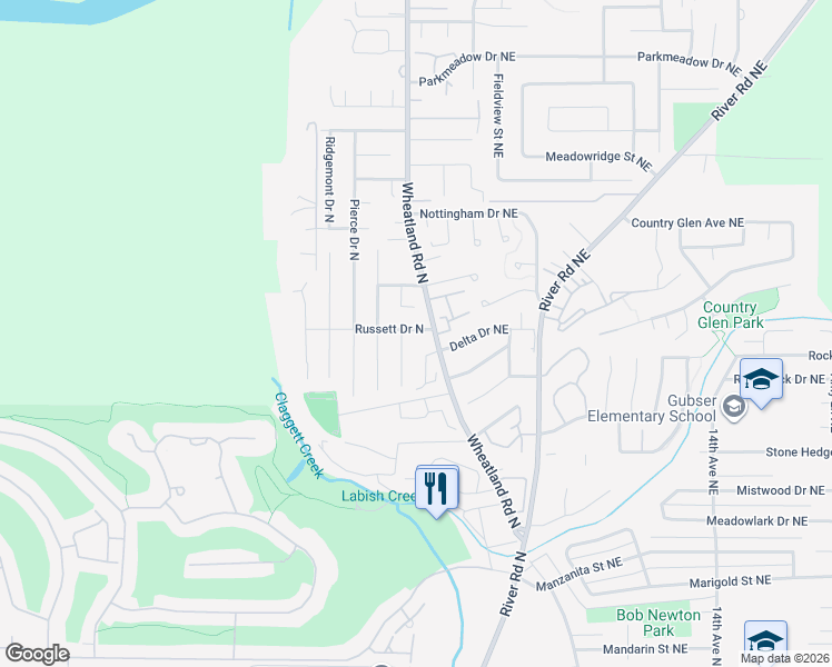 map of restaurants, bars, coffee shops, grocery stores, and more near 158 Russett Drive North in Keizer
