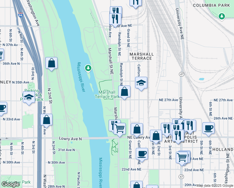 map of restaurants, bars, coffee shops, grocery stores, and more near 2742 Randolph Street Northeast in Minneapolis