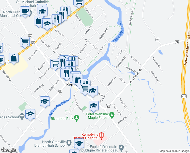 map of restaurants, bars, coffee shops, grocery stores, and more near 201 Asa Street in Kemptville
