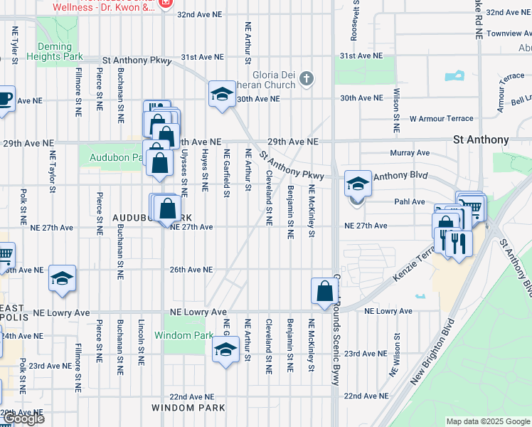 map of restaurants, bars, coffee shops, grocery stores, and more near 2715 Brighton Avenue Northeast in Minneapolis