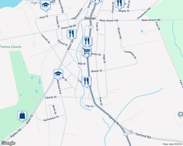 map of restaurants, bars, coffee shops, grocery stores, and more near 12 Winter Street in Dexter