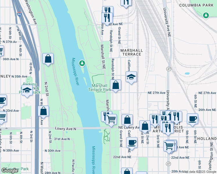 map of restaurants, bars, coffee shops, grocery stores, and more near 2742 Randolph Street Northeast in Minneapolis