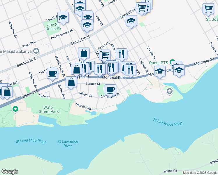 map of restaurants, bars, coffee shops, grocery stores, and more near 31 Duncan Street in Cornwall
