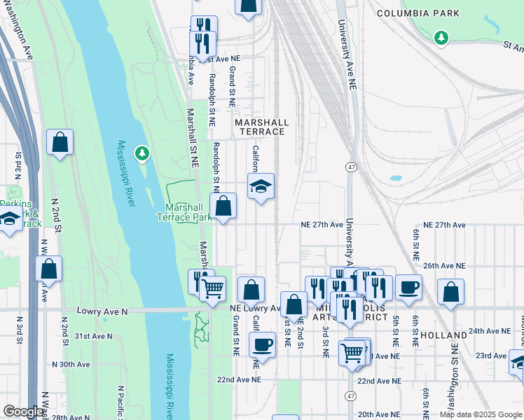 map of restaurants, bars, coffee shops, grocery stores, and more near 2701 California Street Northeast in Minneapolis