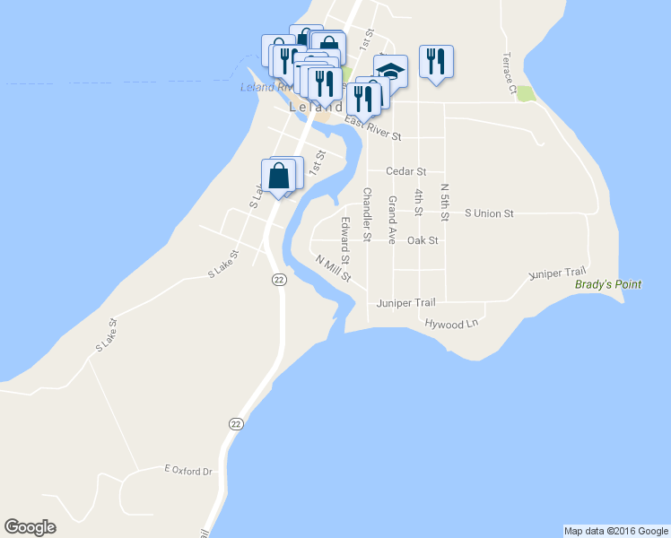 map of restaurants, bars, coffee shops, grocery stores, and more near North Mill Street in Leland