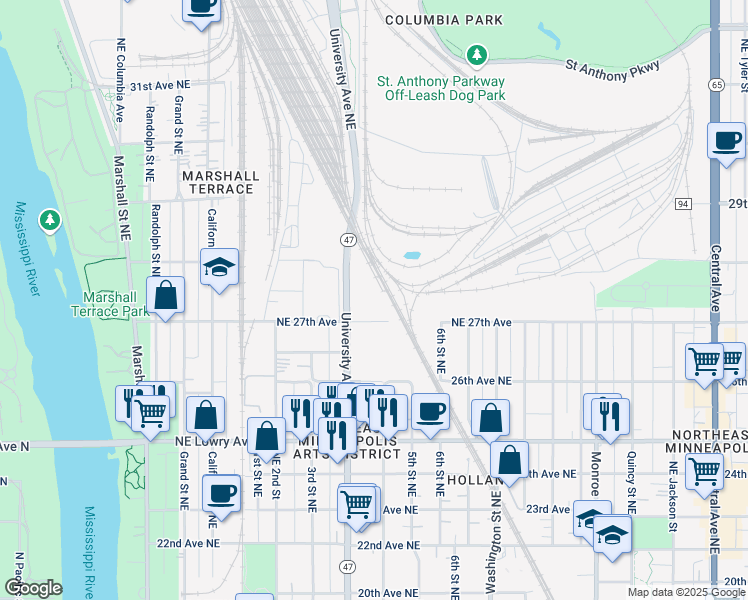 map of restaurants, bars, coffee shops, grocery stores, and more near 401 1/2 27th Ave NE in Minneapolis