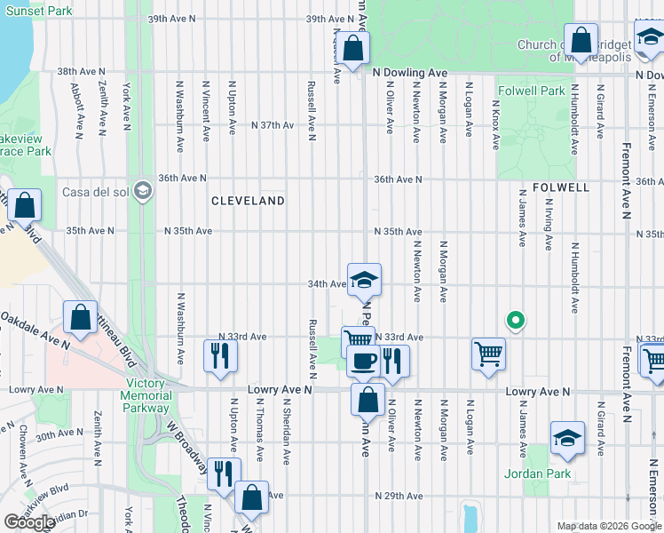 map of restaurants, bars, coffee shops, grocery stores, and more near 3438 Russell Avenue North in Minneapolis