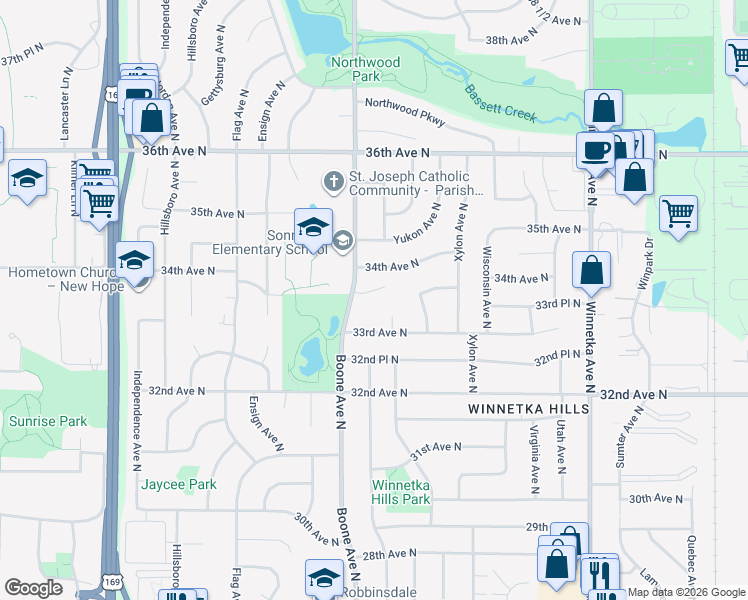map of restaurants, bars, coffee shops, grocery stores, and more near 3364 Boone Circle in Minneapolis