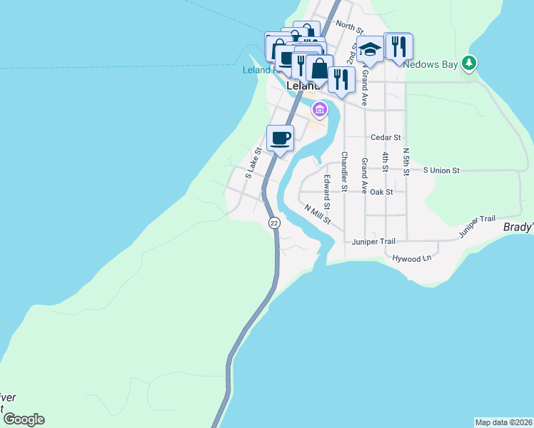 map of restaurants, bars, coffee shops, grocery stores, and more near Reynolds Street in Leelanau