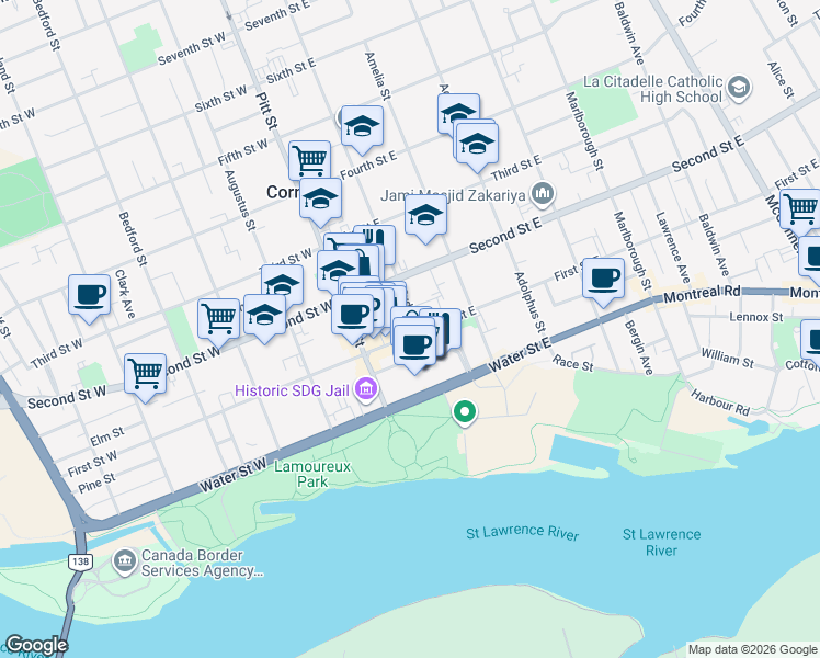map of restaurants, bars, coffee shops, grocery stores, and more near 113 Sydney Street in Cornwall