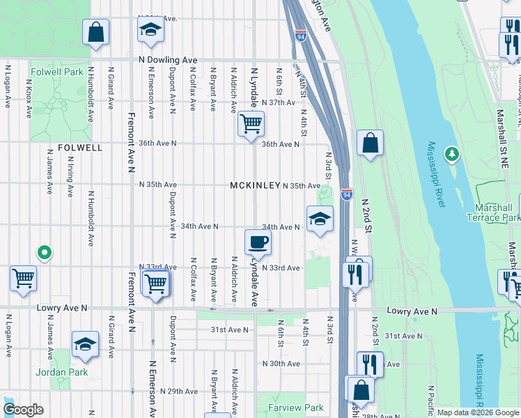 map of restaurants, bars, coffee shops, grocery stores, and more near in Minneapolis