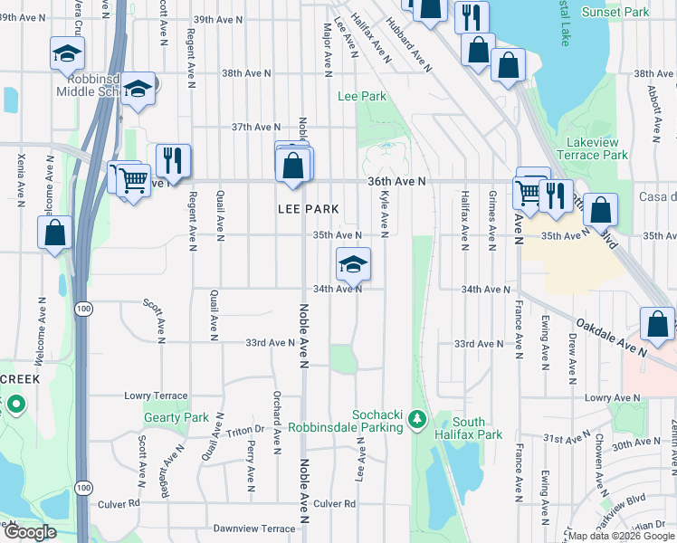 map of restaurants, bars, coffee shops, grocery stores, and more near 3436 Major Avenue North in Minneapolis
