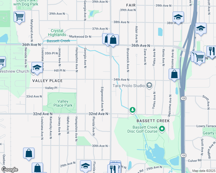 map of restaurants, bars, coffee shops, grocery stores, and more near in Crystal