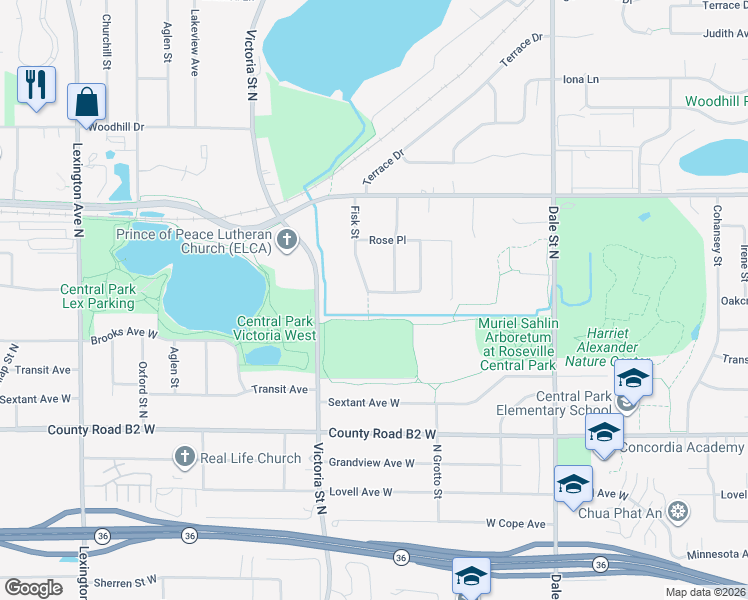 map of restaurants, bars, coffee shops, grocery stores, and more near 2547 North Avon Street in Roseville