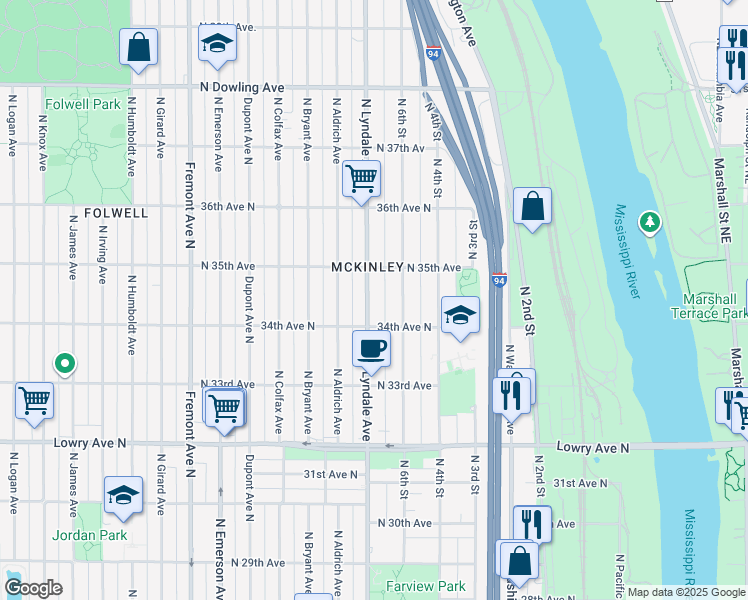 map of restaurants, bars, coffee shops, grocery stores, and more near in Minneapolis
