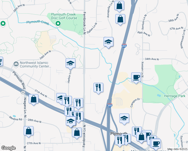map of restaurants, bars, coffee shops, grocery stores, and more near 3300 Fernbrook Lane North in Plymouth