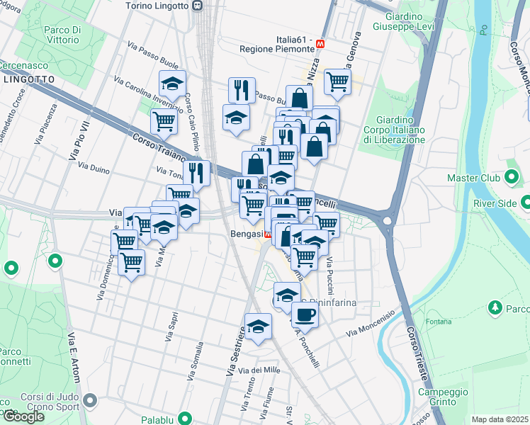 map of restaurants, bars, coffee shops, grocery stores, and more near 223 Via Onorato Vigliani in Torino