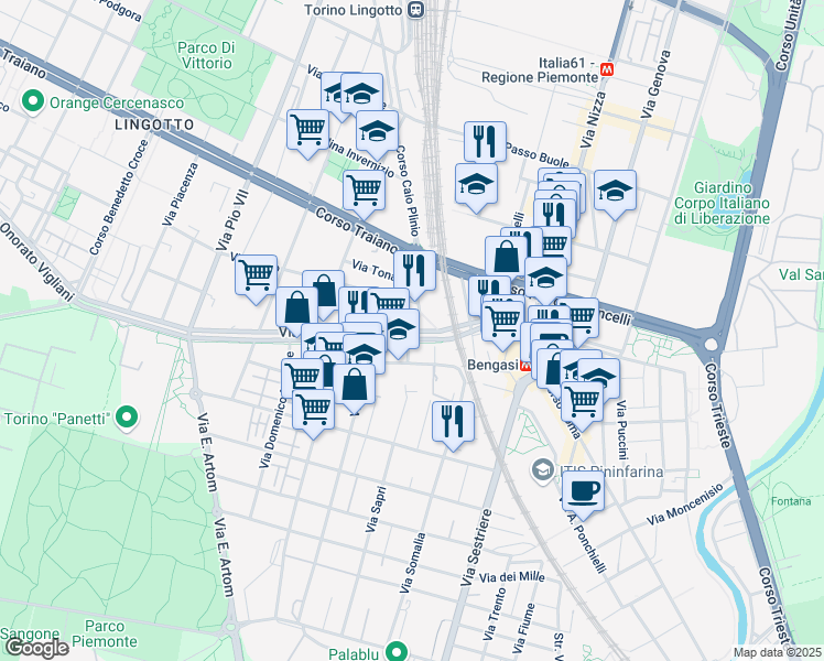 map of restaurants, bars, coffee shops, grocery stores, and more near 201 Via Onorato Vigliani in Torino