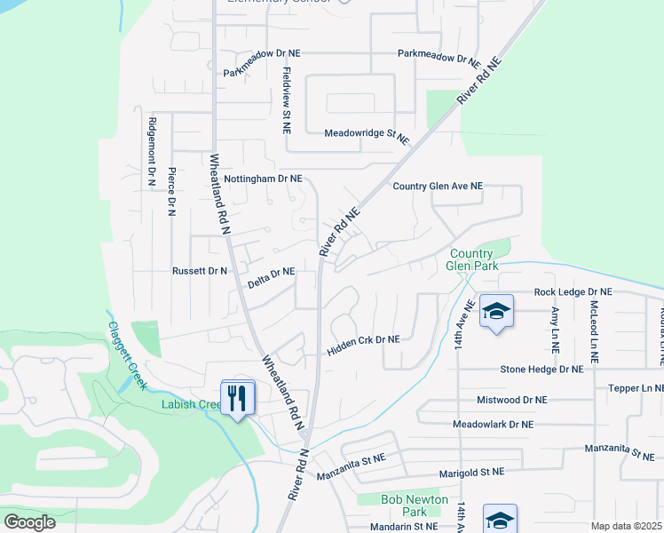 map of restaurants, bars, coffee shops, grocery stores, and more near 1174 River Road Northeast in Keizer