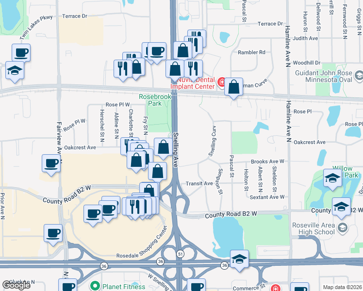 map of restaurants, bars, coffee shops, grocery stores, and more near 2550 Snelling Avenue North in Roseville