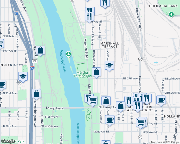 map of restaurants, bars, coffee shops, grocery stores, and more near 2742 Randolph Street Northeast in Minneapolis