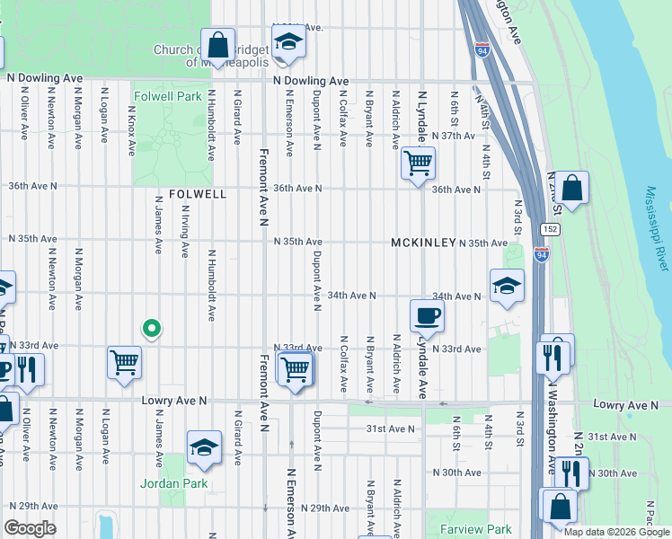 map of restaurants, bars, coffee shops, grocery stores, and more near 3438 Dupont Avenue North in Minneapolis