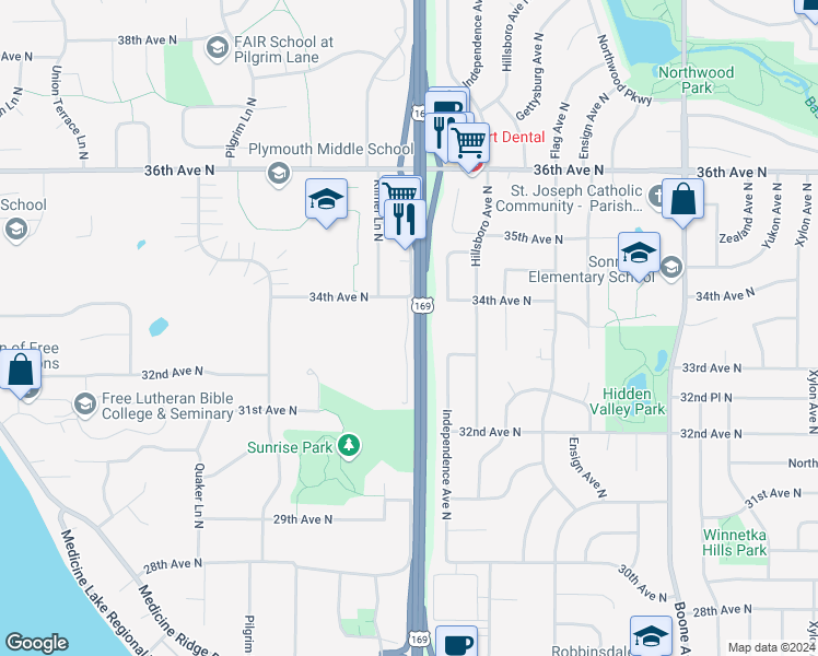map of restaurants, bars, coffee shops, grocery stores, and more near 3351 Independence Avenue North in New Hope