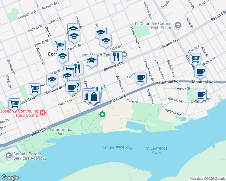 map of restaurants, bars, coffee shops, grocery stores, and more near 222 First Street East in Cornwall