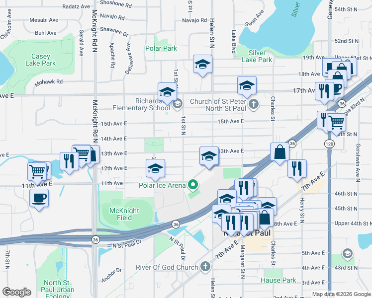 map of restaurants, bars, coffee shops, grocery stores, and more near 2454 14th Avenue East in North Saint Paul