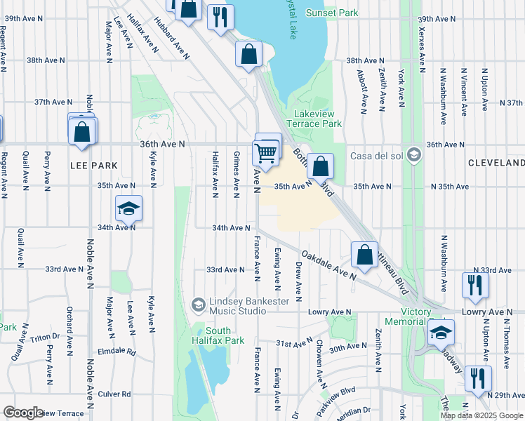map of restaurants, bars, coffee shops, grocery stores, and more near 3430 France Avenue North in Minneapolis