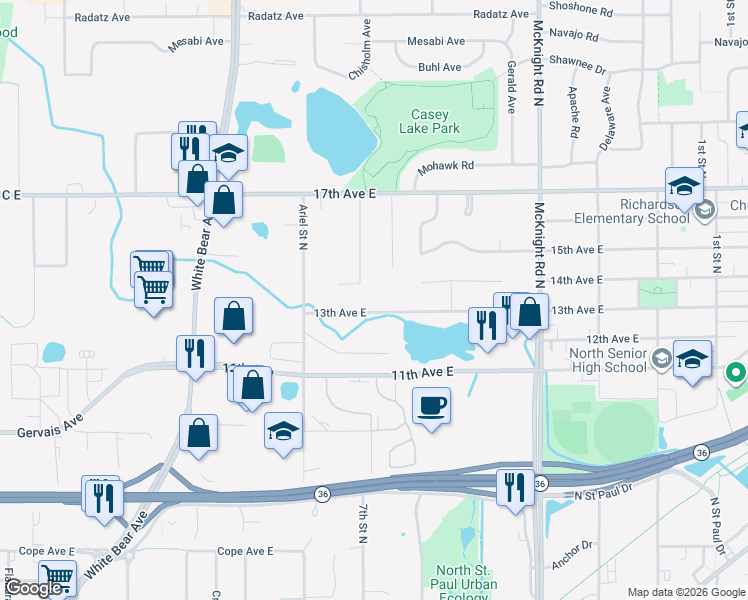 map of restaurants, bars, coffee shops, grocery stores, and more near 2560 Dianne Street in North Saint Paul